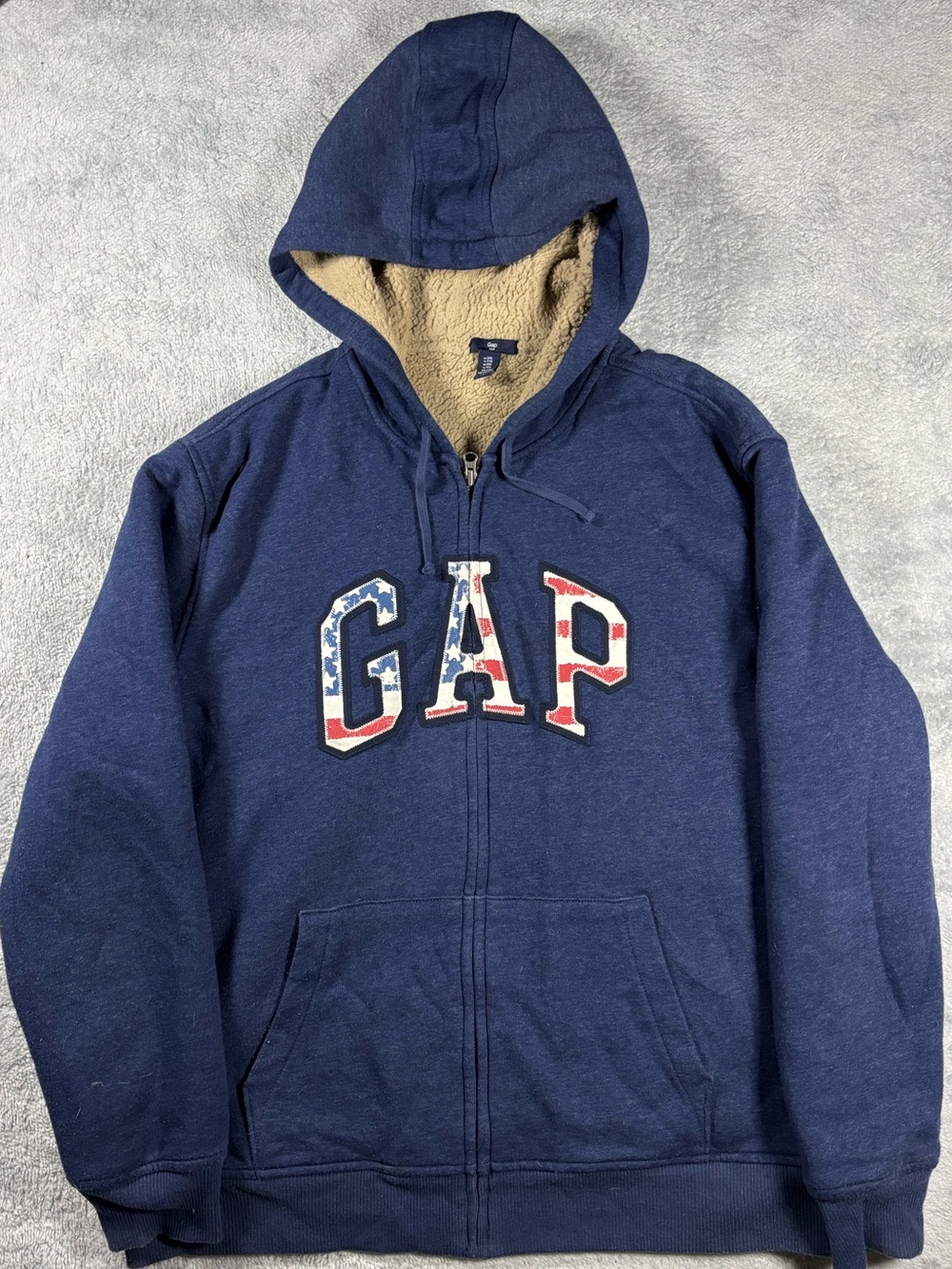 Y2K Vintage Gap navy blue zip up hoodie with red & white logo